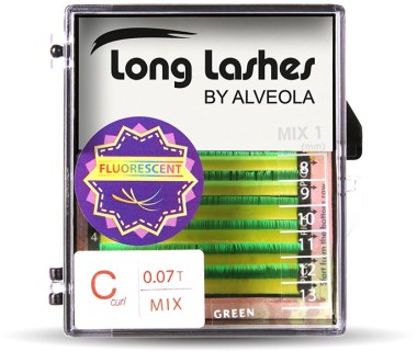 Long Lashes Műszempilla, 3D (szálas), C-íves, hajszálvékony (0.07mm), zöld, fluoreszkáló, MIX | LLC307000.8