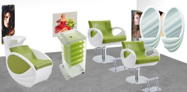 Stella Szalon szett - zöld- fehér (1fejmosó, 2 szék, 2 tükrös munkafal, 1 eszközkocsi) | 04010200901501031