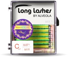 Long Lashes Műszempilla, 3D (szálas), C-íves, hajszálvékony (0.07mm), zöld, fluoreszkáló, MIX - 8-9-10-11-12-13mm-es szálakat tartalmazó szett