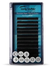 Long Lashes Műszempilla, 3D (szálas), C-íves, Premium Super Flat, vékony (0.15mm), fekete, MIX - 8-9-10-11-12-13 mm-es szálakat tartalmaz