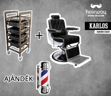 HAIRWAY Férfi kiszolgálószék, borbélyszék KARLOS + RAMON eszkökocsi + Ajándék Barber Pole - borbélyszék / Barber szék