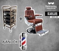 HAIRWAY Férfi kiszolgálószék, borbélyszék KARLOS + RAMON eszkökocsi + Ajándék Barber Pole - borbélyszék / Barber szék