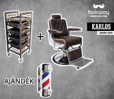 HAIRWAY Férfi kiszolgálószék, borbélyszék KARLOS + RAMON eszkökocsi + Ajándék Barber Pole - borbélyszék / Barber szék